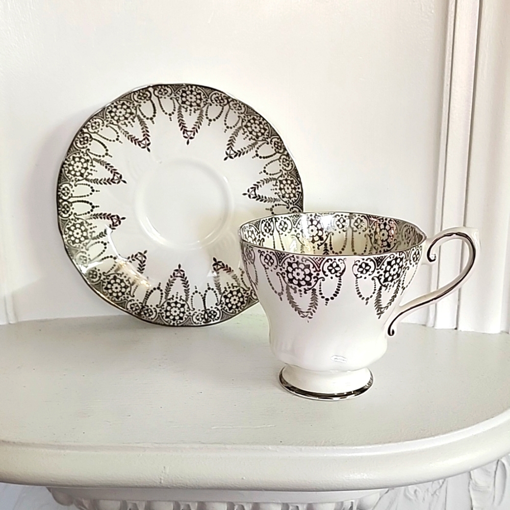 Royal Grafton White & Silver  Tea Cup Saucer England